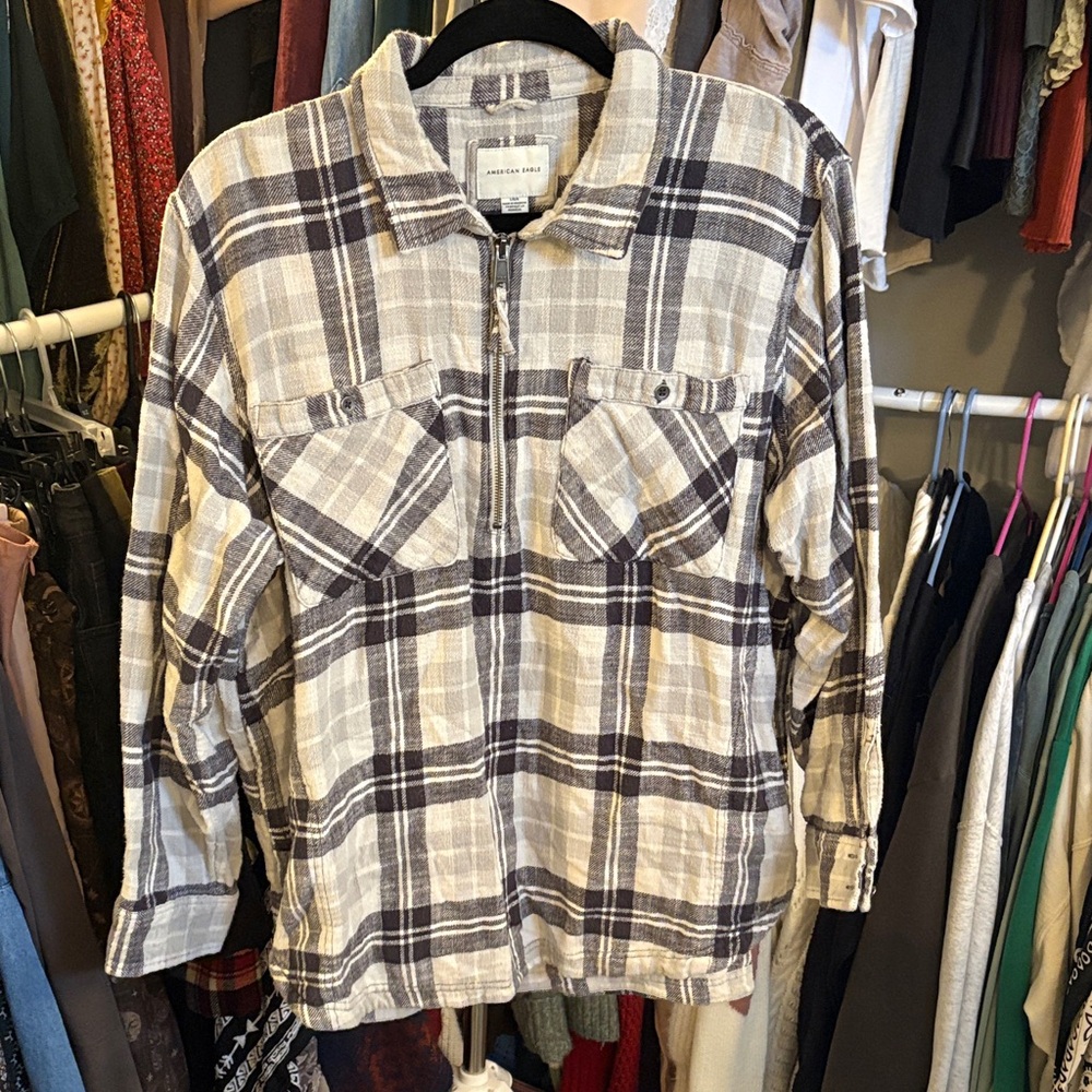 American Eagle Plaid Zip Shirt Jacket in Grey